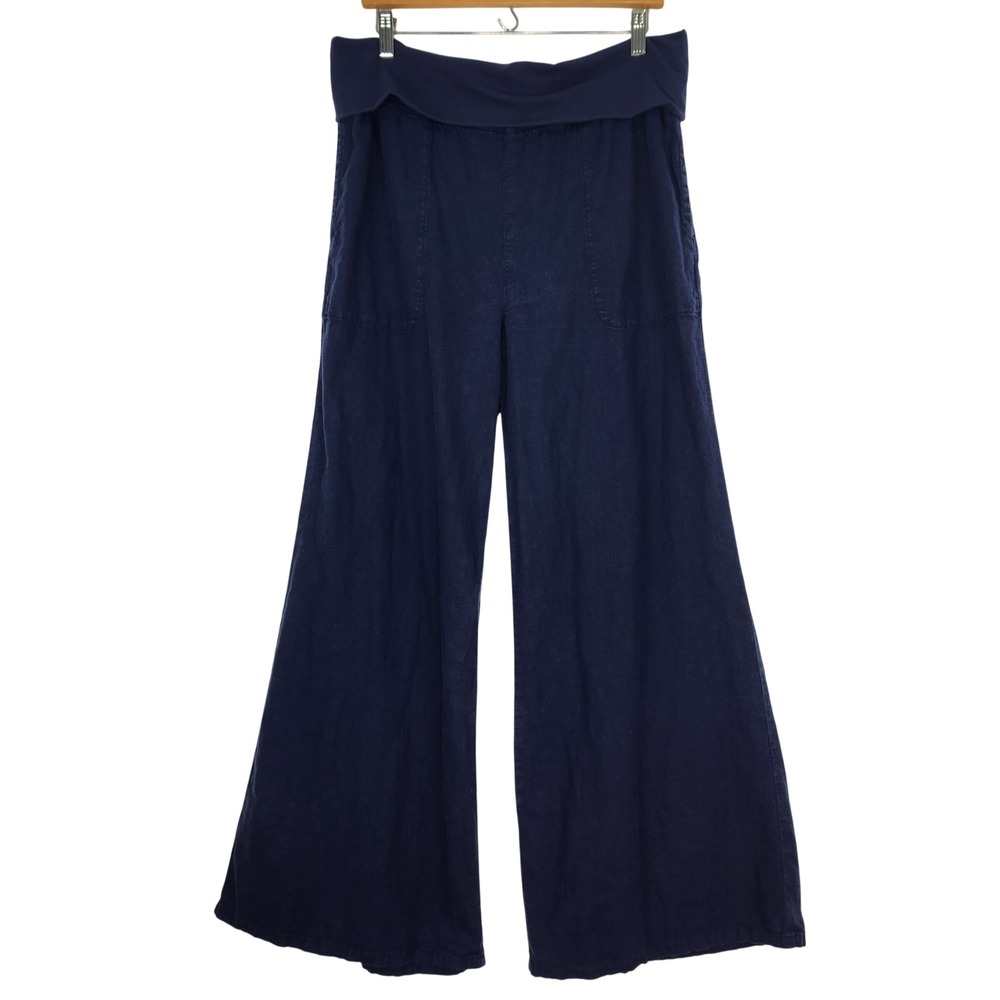 Hei Hei Anthropologie Navy Blue Linen Blend Wide Leg Foldover Waist Pants L